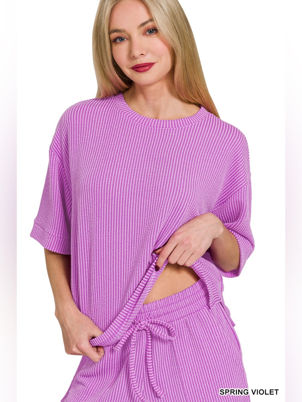 Zenana RAISED RIB SHORT SLEEVE TEE & SHORT PANTS SET